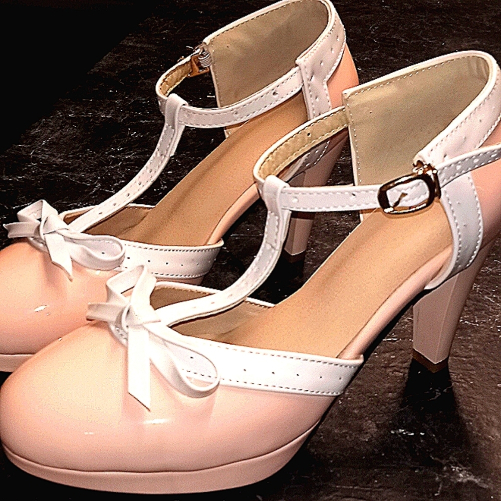 Italian Leather Original Custom Designed Pin-up Pink&White Kitten Heels
